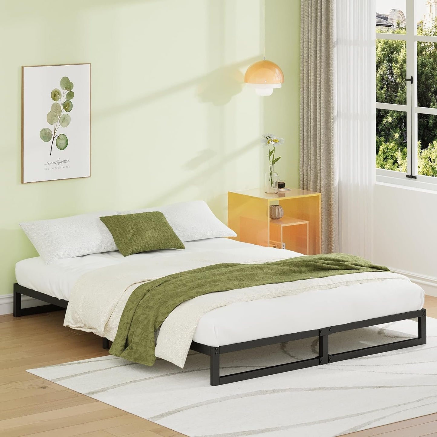 EMODA 7 Inch Queen Bed Frame No Box Spring Needed Heavy Duty Metal Platform BedFrame Queen Size with Steel Slats, Easy Assembly, Black