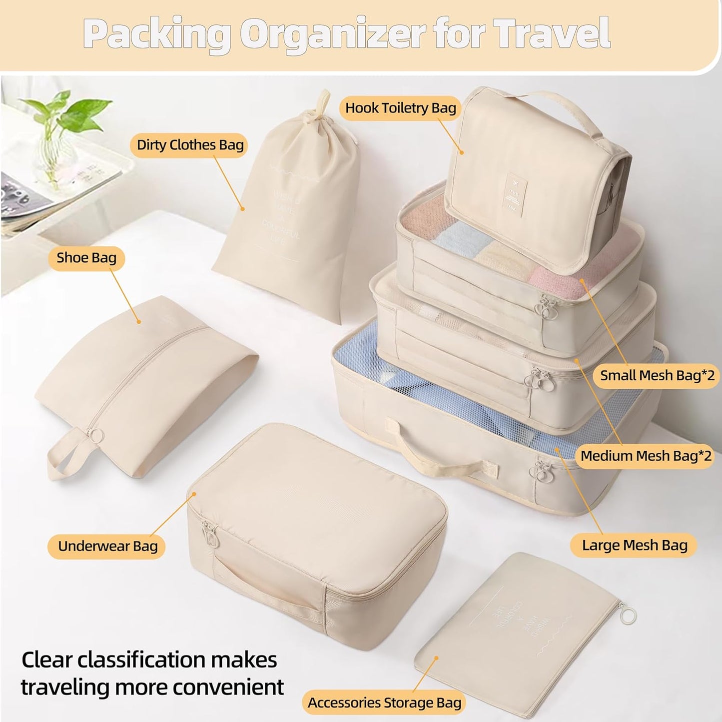 10 Pcs Set Packing Cubes - Travel Packing Organizers, Expandable Suitcase Organizer, Luggage Organizer Bags, BEIGE, Large