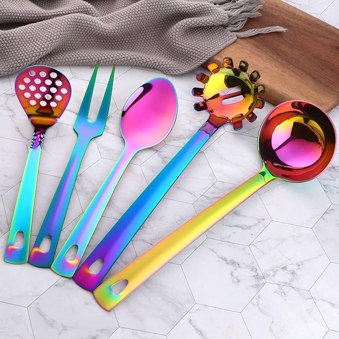 Buyer Star Kitchen Utensils Set 5 Pcs Cooking Utensils Stainless Steel 18/0 Kitchen Tool And Gadgets Salad Spoon Forks Gravy Ladles Pasta Server Potato Masher Mirror Polish Dish Washer Safe, rainbow