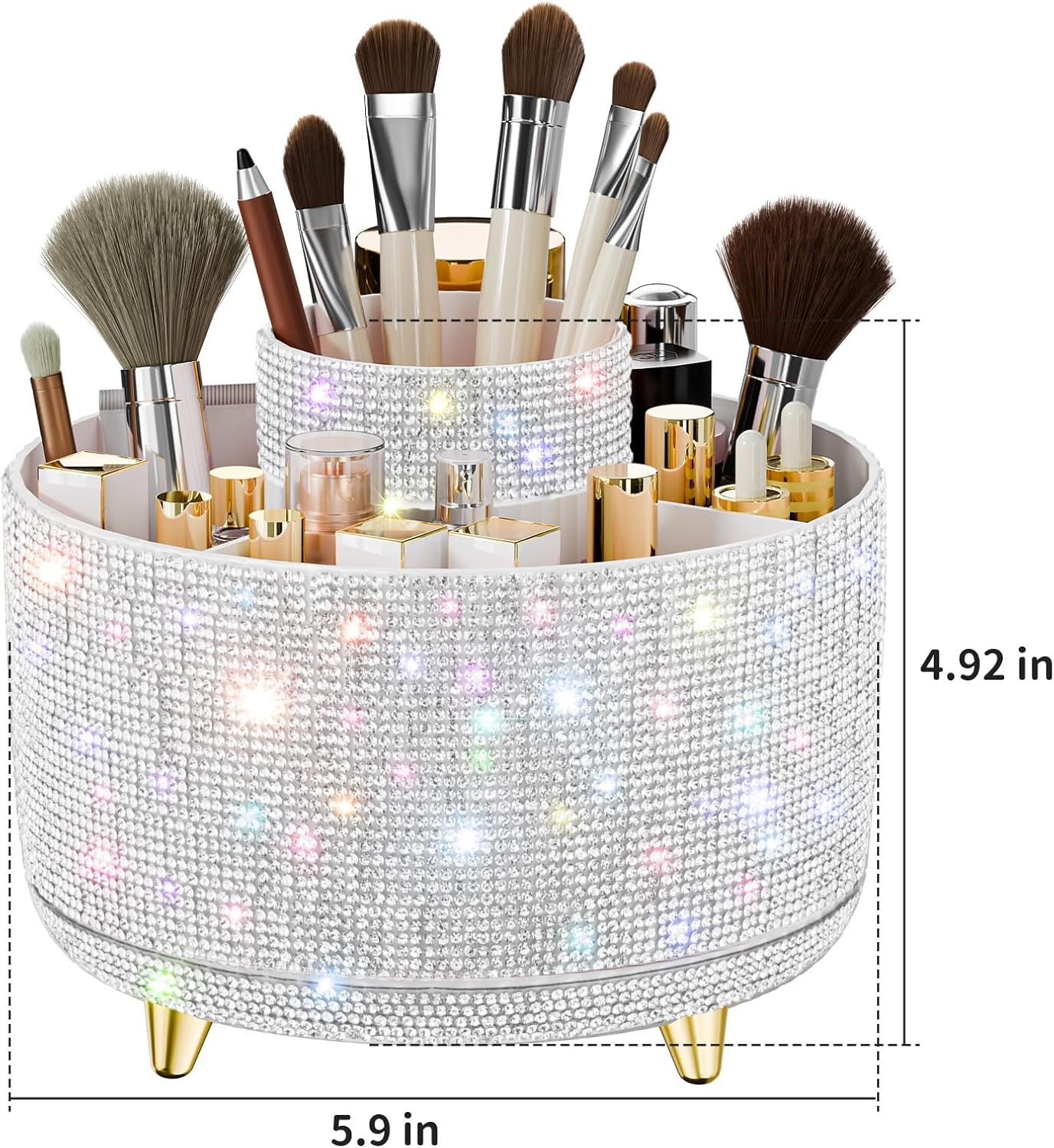 Bling Diamond Makeup Brush Holder, 360° Rotating Makeup Organizer, 5 Slot Make up Brushes Cup for Countertop, Storage for Cosmetics Pen Eyeliner Skincare on the Vanity (Diamond white)