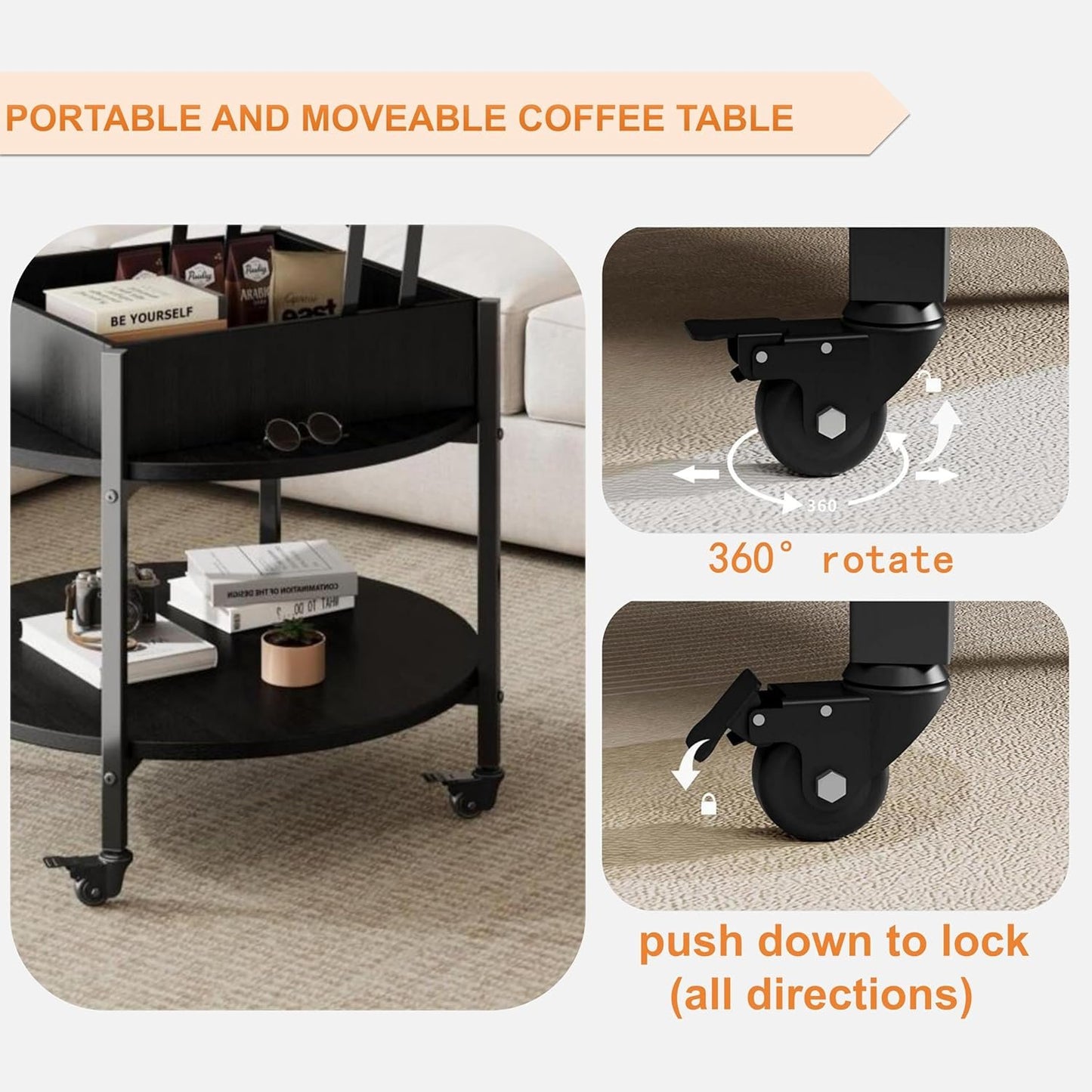 Ablefurn Mid Century Black Coffee Table, 26.77” Lift Top Coffee Table with Removeable Wheels, Hidden Compartment and Open Shelf, Wood Lift Tabletop Central Dining Table for Living Room, Home Office