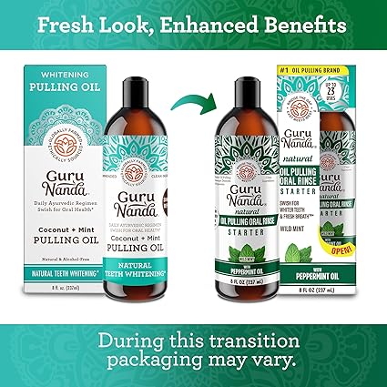 uruNanda Starter Pulling Oil Mouthwash for Natural Teeth Whitening, Coconut and Peppermint Oil for Fresh Breath & Happy Gums, Alcohol-Free, 8 Oz