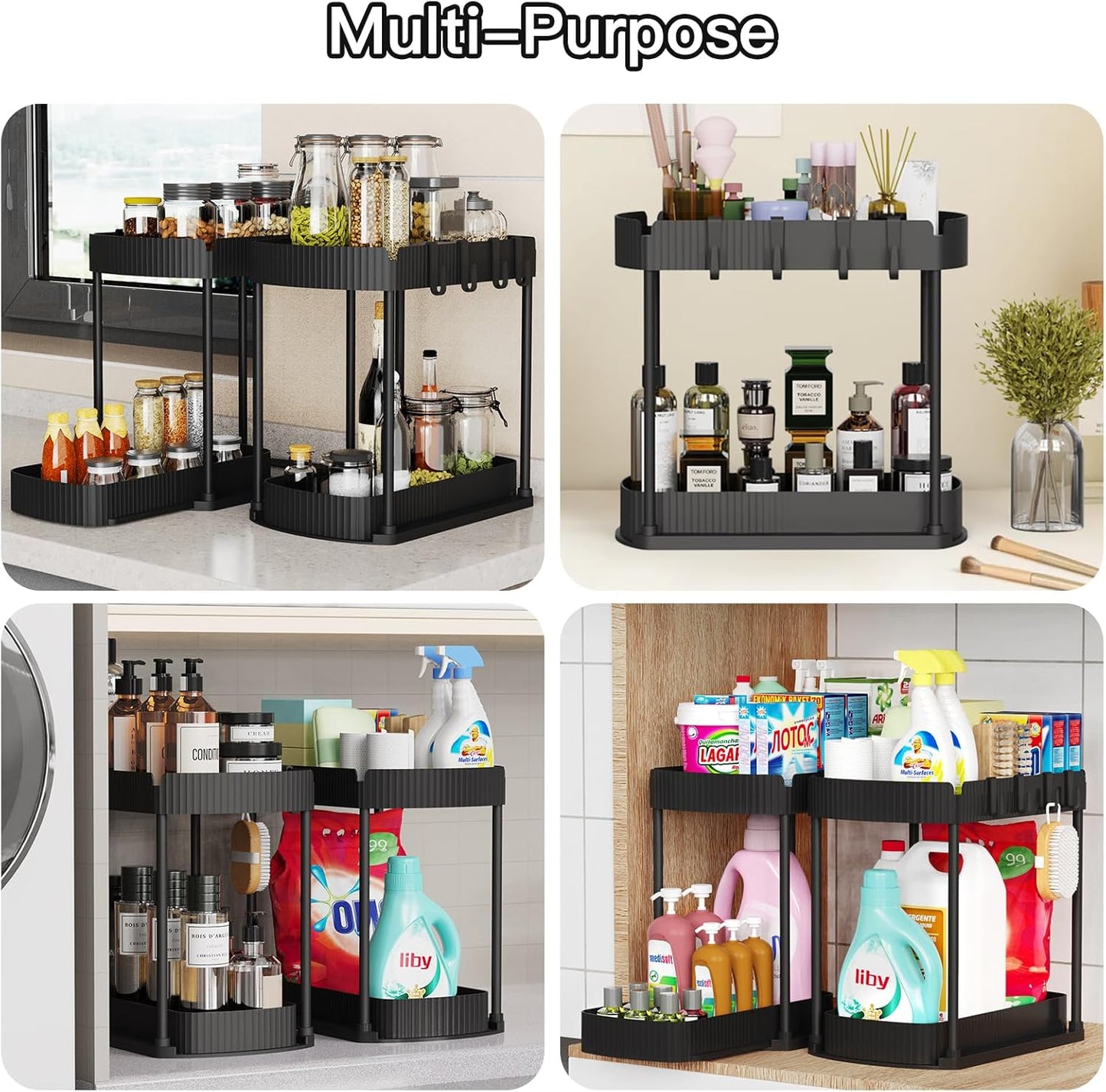 2 Pack Multi-Purpose Pull-Out Storage Organizers, Under Sink Organizers and Storage for Bathroom & Kitchen, Under Cabinet Organizers and storage, 12.8 Inch, Black