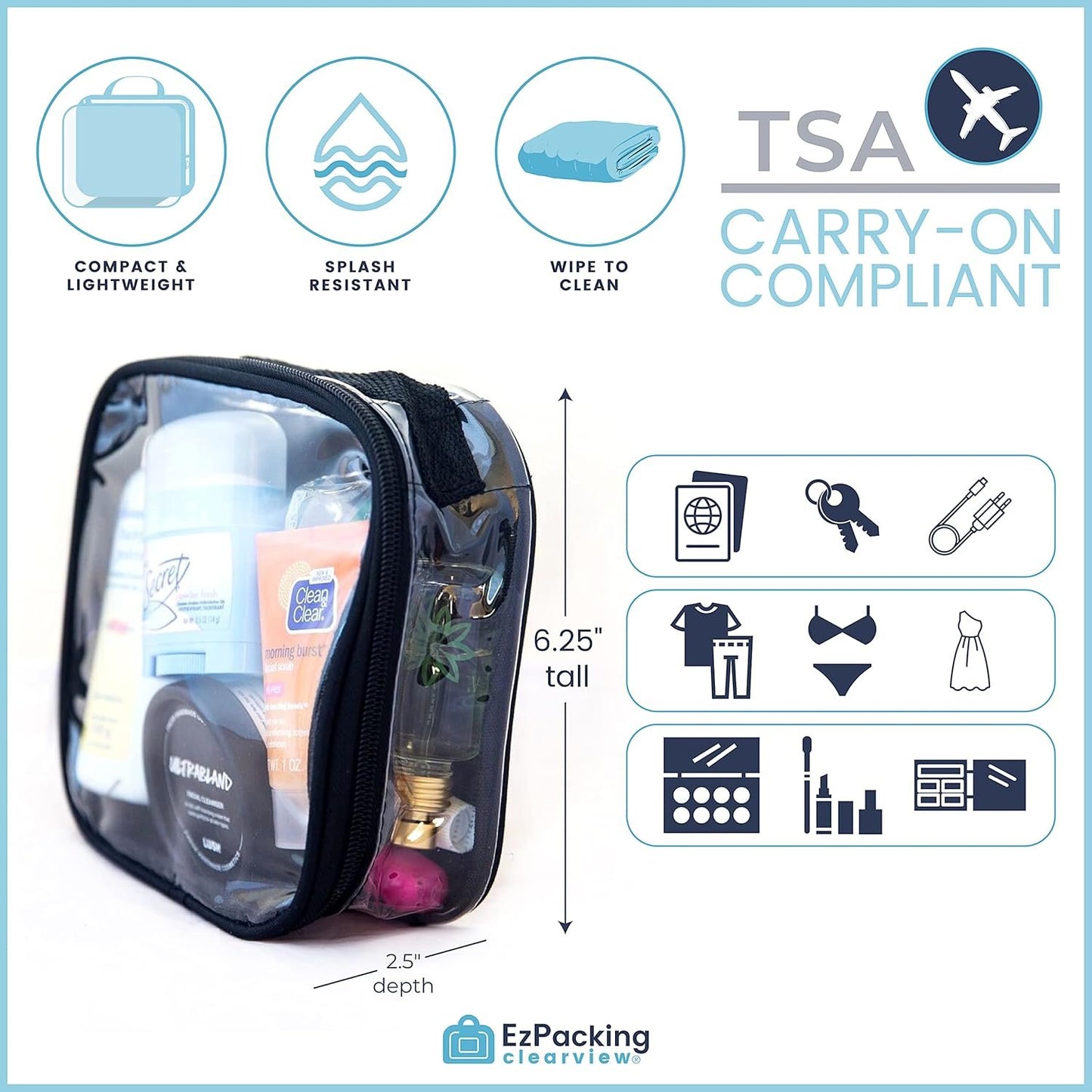 EzPacking Clear TSA Approved 3-1-1 Travel Toiletry Bag for Carry On/Quart Size Transparent Liquids Pouch for Airport Security/Reusable See Through Vinyl & PVC Plastic Organizer Men Women, Lilac, Tsa
