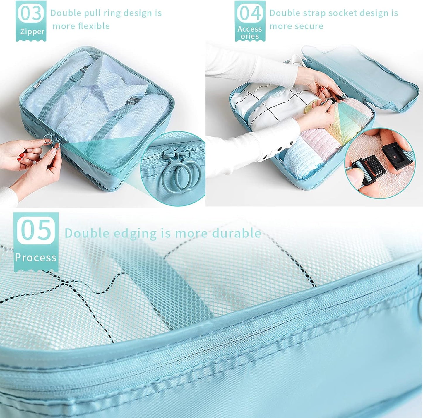 McNory Suitcase Organizer Set of 8, Travel Organizers Cubes Packaging Laundry Bag Luggage Compression Bags for Clothes, Cosmetics, Shoes, Underwear, blue