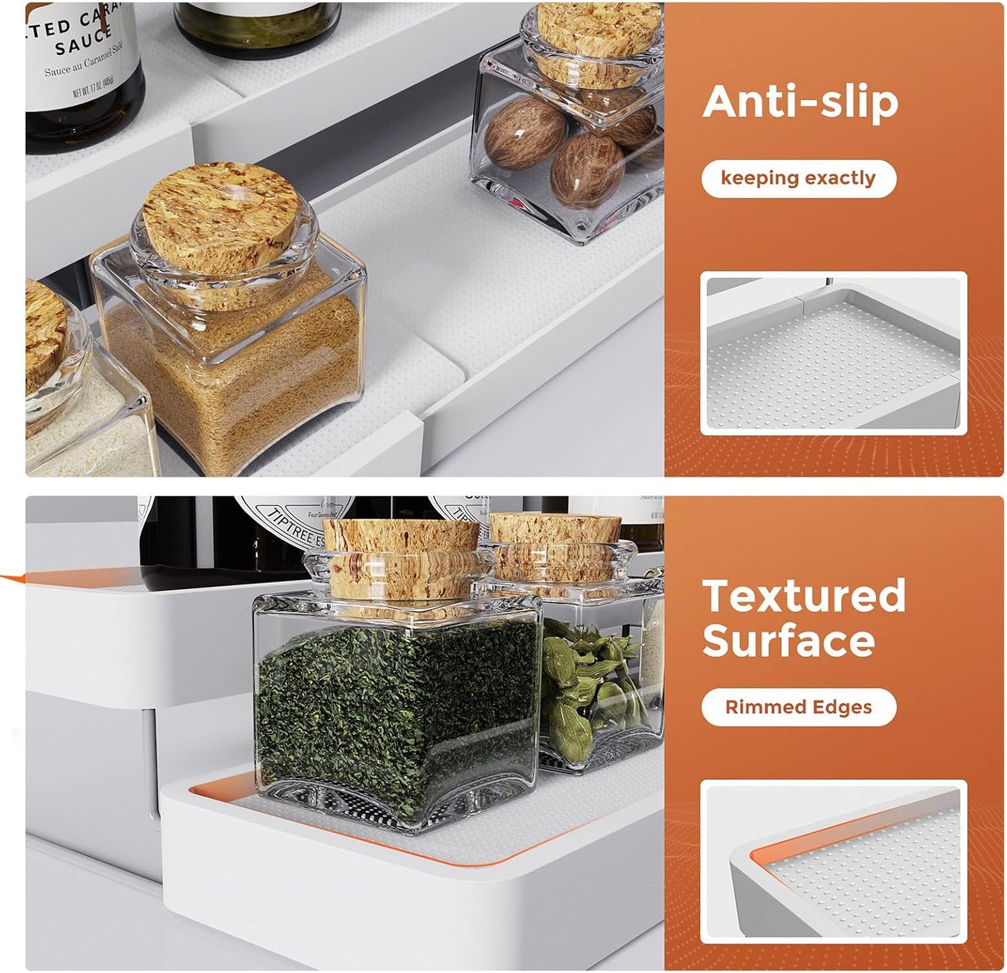 2 Pack Expandable Spice Rack Organizer for Cabinet - 3 Tier Adjustable Cabinet Spice Organizer Easy Visibility - Spice Organizer for Cabinet Countertop Cupboard Pantry Organization (White)