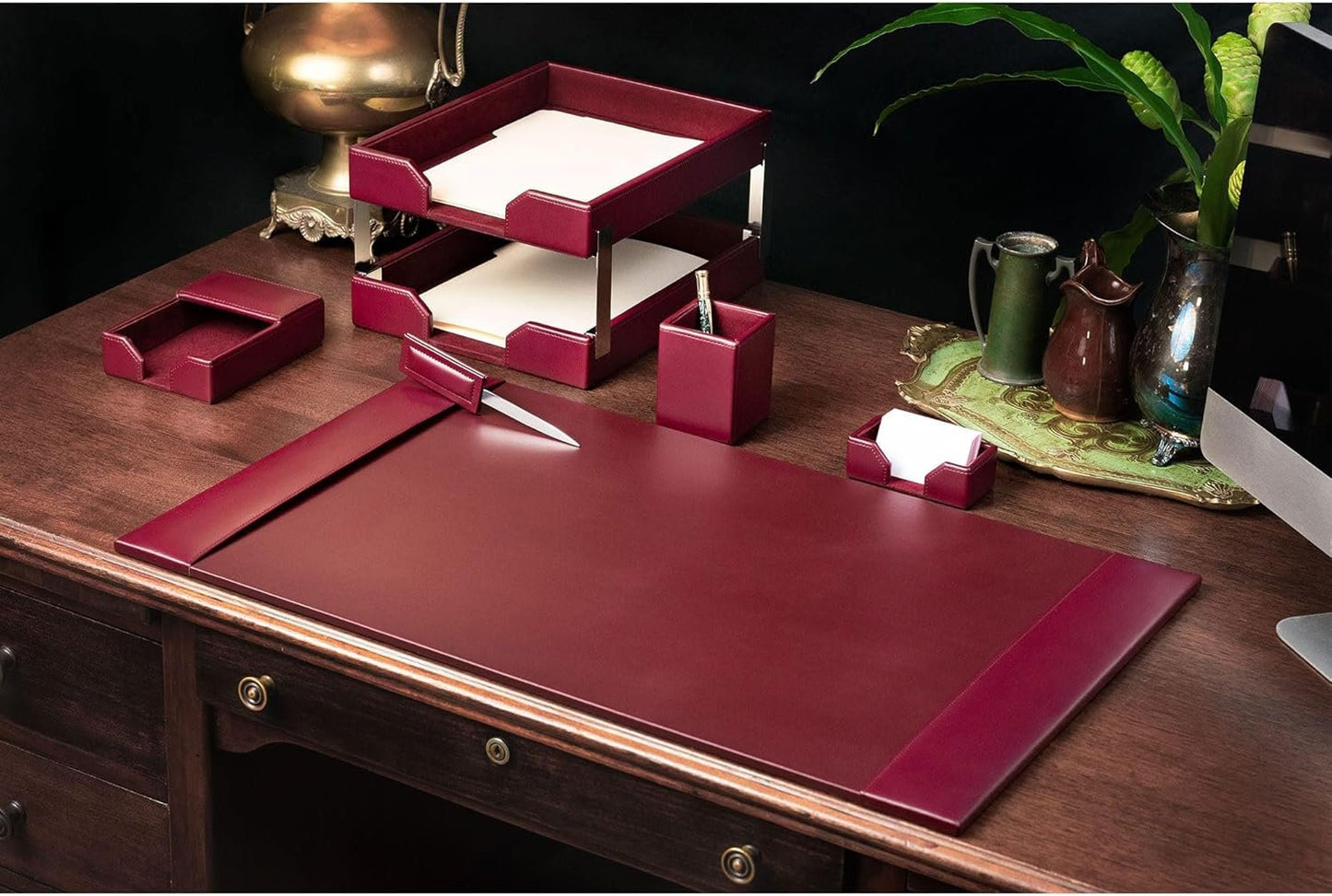Dacasso Burgundy Bonded Leather Luxury 8-Piece Desk Accessory Set - Blotter Pad & Desk Organization Essentials - Executive Decor and Surface Protector