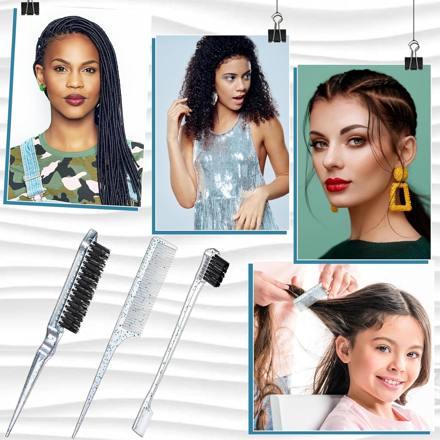Geiserailie 3 Pcs Slick Back Hair Brush Set Bristle Brush Edge Control Teasing Comb for Women Black Hair(Clear Blue)