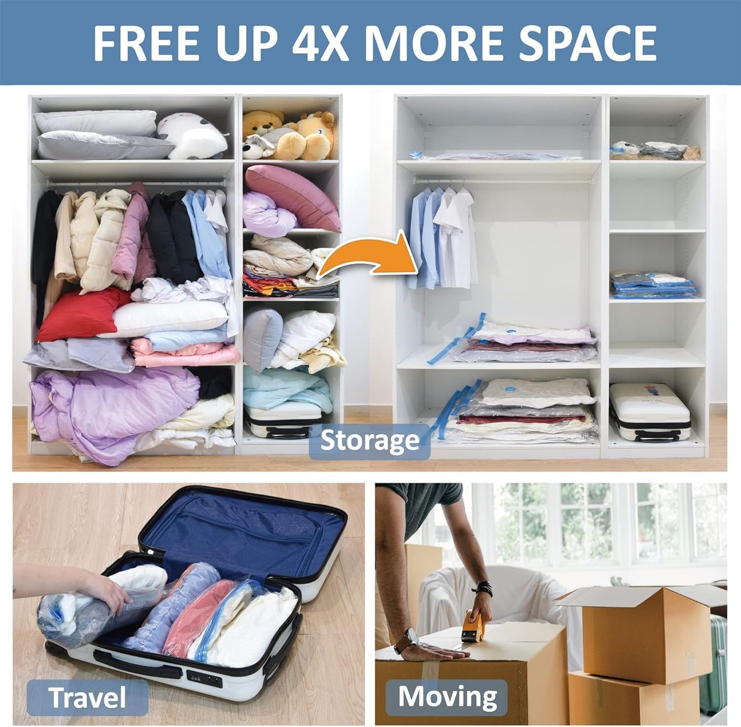 12 Pack Vacuum Storage Bags, Space Saver Bags (2 Jumbo/2 Large/2 Medium/2 Small/4 Roll) Compression Storage Bags for Comforters and Blankets, Vacuum Sealer Bags for Clothes Storage, Hand Pump Included