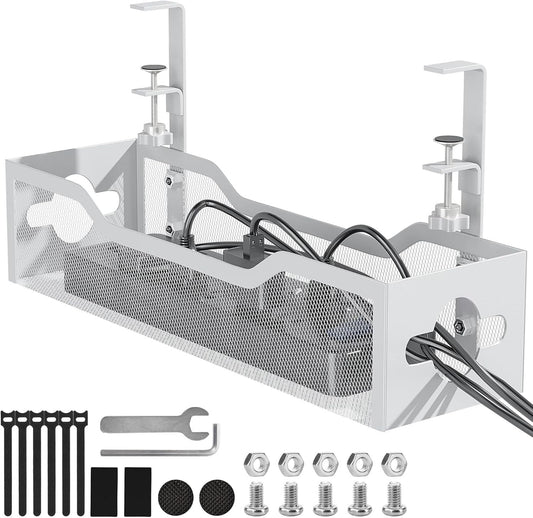 Under Desk Cable Management Tray - No Drill Metal Mesh Cable Organiser with Clamp Mount for Desk Wire Management, 2 Hole Wire and Cord Organizer Cable Rack for Home, Office and Standing Desk