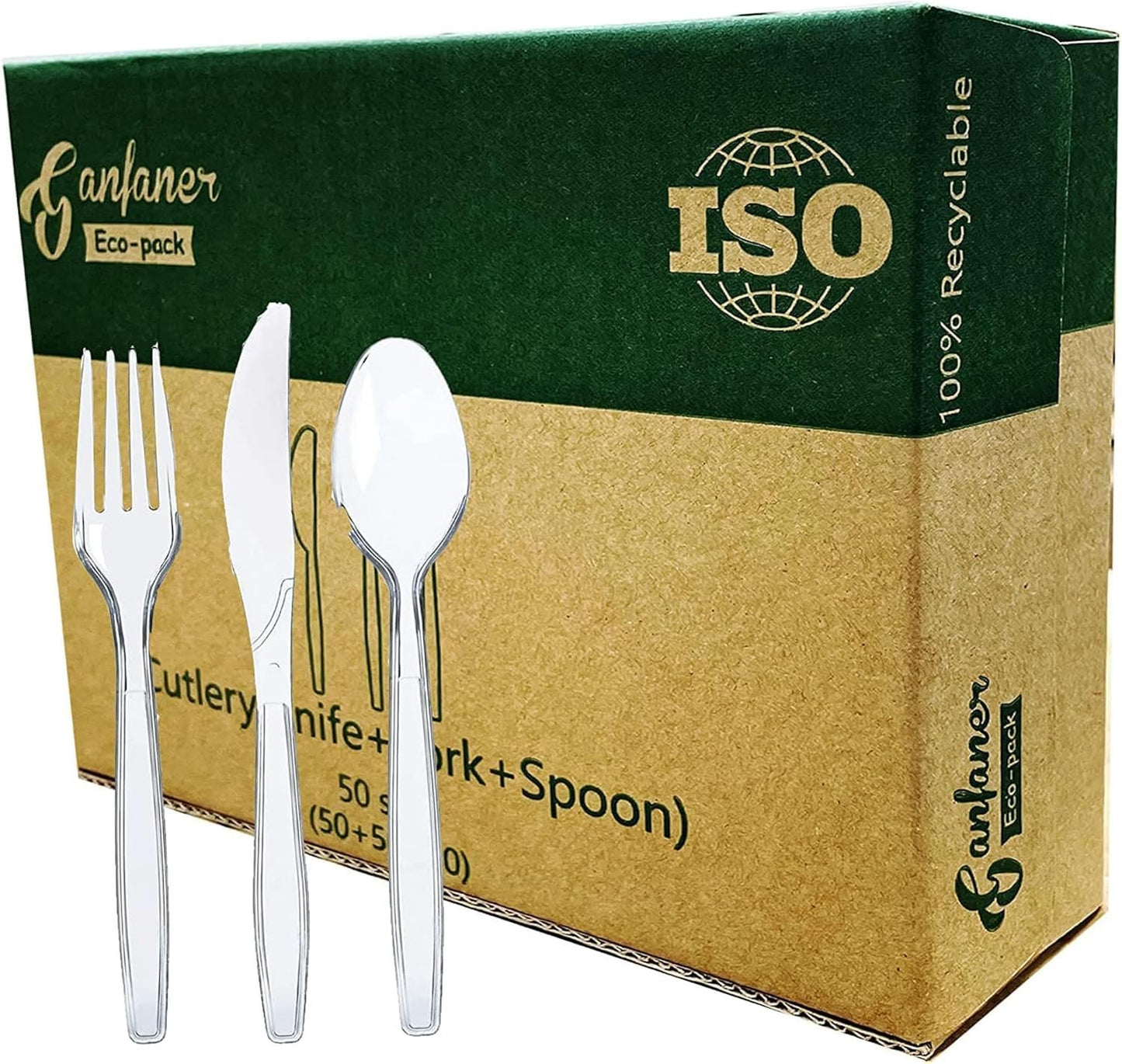 50 Sets Compostable Reusable Cornstarch Knives Forks Spoons Utensils, Ganfaner Cutlery Set Cornstarch Spoon Fork Knife for Party Camping Catering (Spoon 50, Fork 50, Knives 50)