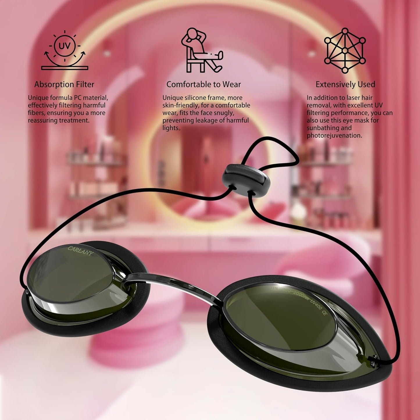 CARLANY 200nm-2000nm Laser Protection IPL Safety Glasses, See-through Anti Fog UV400 Absorption Filtering Eye Protection Goggles, OD4+ for Tanning Hair Removal Eye Protection, CY-3280-22K