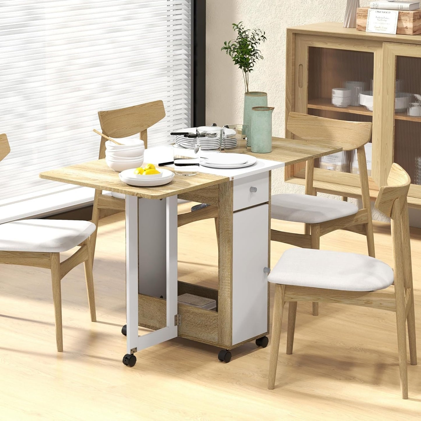HOMCOM Foldable Dining Table, Collapsible Drop Leaf Table with 2 Drawers, Cabinet and Caster Wheels, Folding Kitchen Table for Small Spaces, Dining Room, Oak