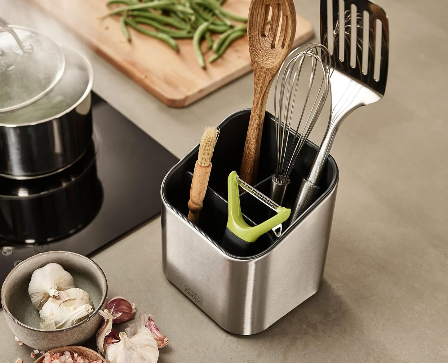 Joseph Joseph Surface Stainless Steel Utensil Holder with Large Capacity, Non-Slip Feet and Dividers, Fingerprint Proof Kitchen Utensil Holder and Gadgets - Grey