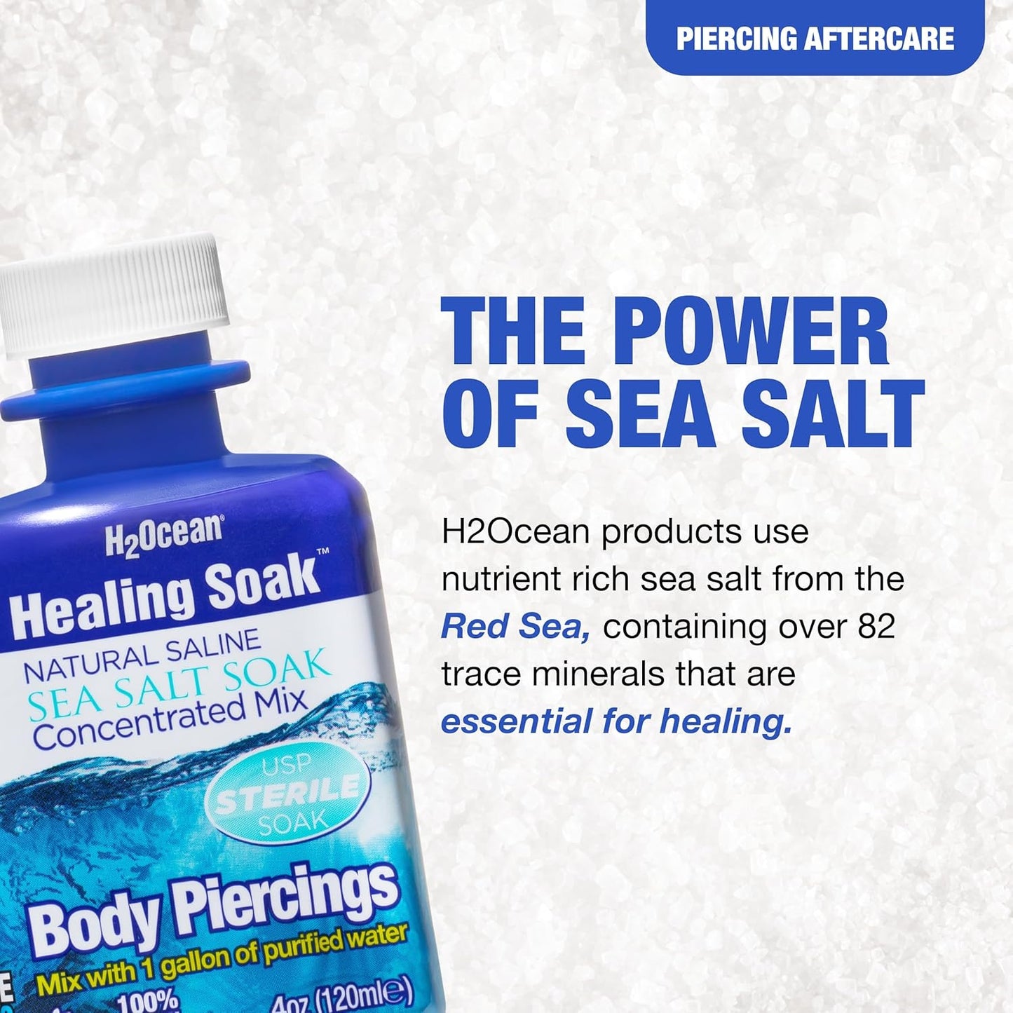 H2Ocean Healing Soak Piercing & Wound Sea Salt Bath - Sea Salt Saline Solution for Piercing & Wound Care - Soothing Aftercare for Body Piercings - 4 oz