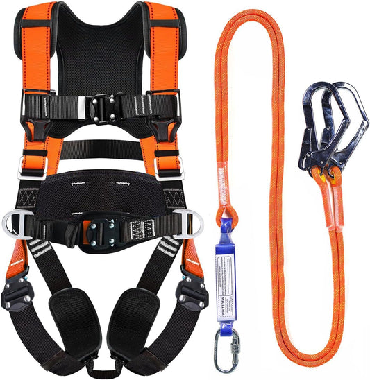 Fall Protection Premium Safety Harness with Shock Absorbing Lanyard, Roofing Constructio Harness, Vented & Padded Shoulder, Legs & Back - Upgrade 4 Quick Buckles(Orange)