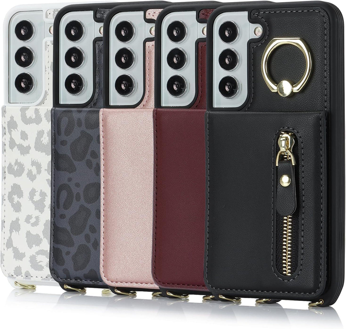 Cavor Vertical Flip Cover for Samsung Galaxy S22 Leather Case 6.1'' Crossbody Wallet Card Slots with 360°Rotation Ring Holder Kickstand & Long Shoulder Lanyard Strap-Rose