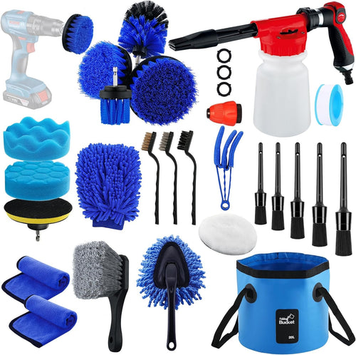 27Pcs Car Wash Cleaning Kit with Foam Gun, Car Detailing Kit, Auto Detail Supplies Tools with Wheel Drill Brush Set, Car Polishing Kit, Car Detailing Brush Set for Tires, Wheels, Interior & Exterior
