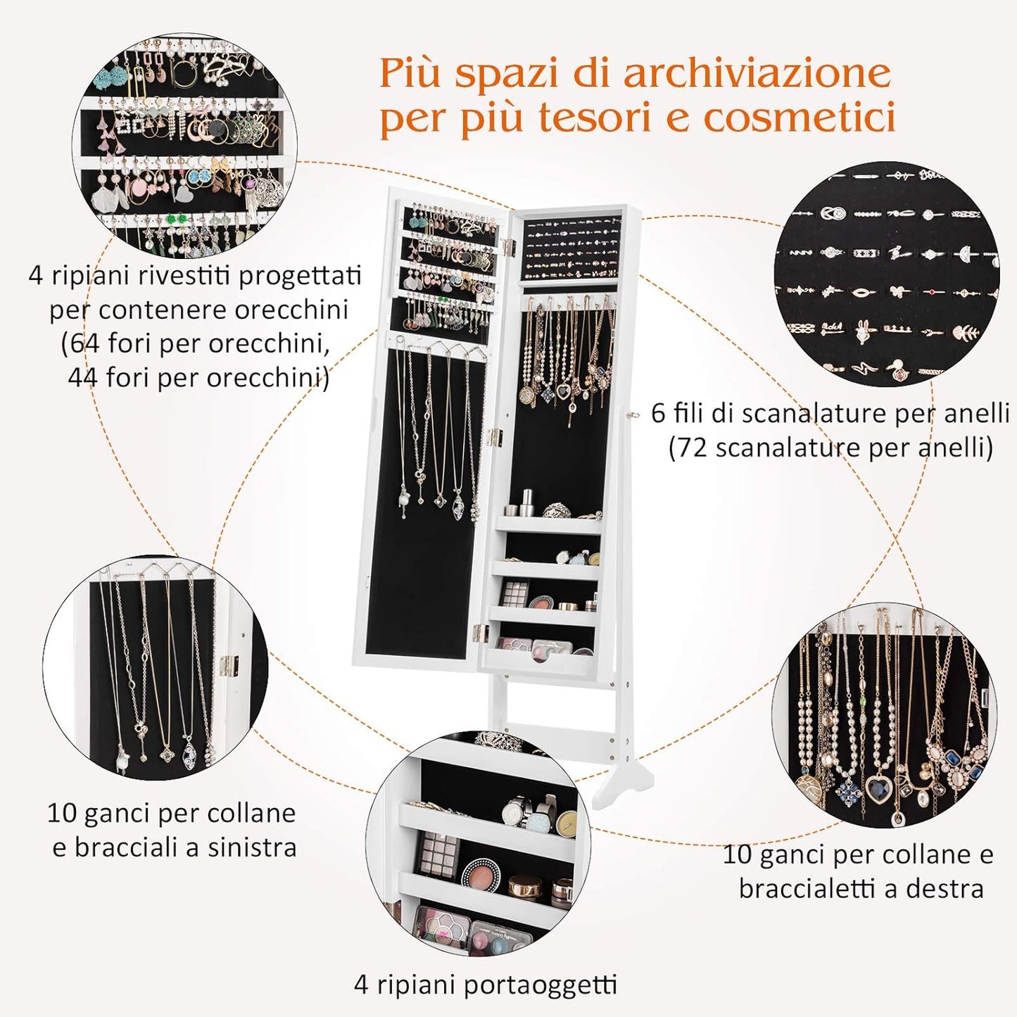 COSTWAY Floor Standing Jewellery Cabinet with 3 Corner Mirror, Jewellery Box Organizer for Bedroom Jewellery, 35 x 30 x 144 cm (White)