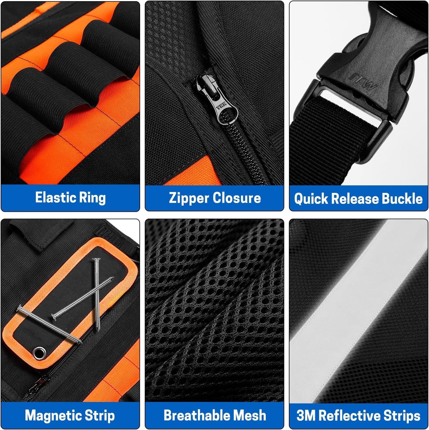 WISEPRO Tool Vest, Electrician Safety Vest with Pockets and Zippers, All Purpose Tool Vest Work Vest for Men Carpenters Electricians Handyman, Black Orange