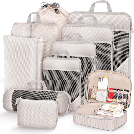 MUUKAIII Suitcase Organizer Set of 10 Cubes for Travel, Compression Organizer Suitcase, Space-Saving Suitcase, Travel Organizers, Packing Cubes Set, Travel Organizer for Clothes, Ultralight, Beige