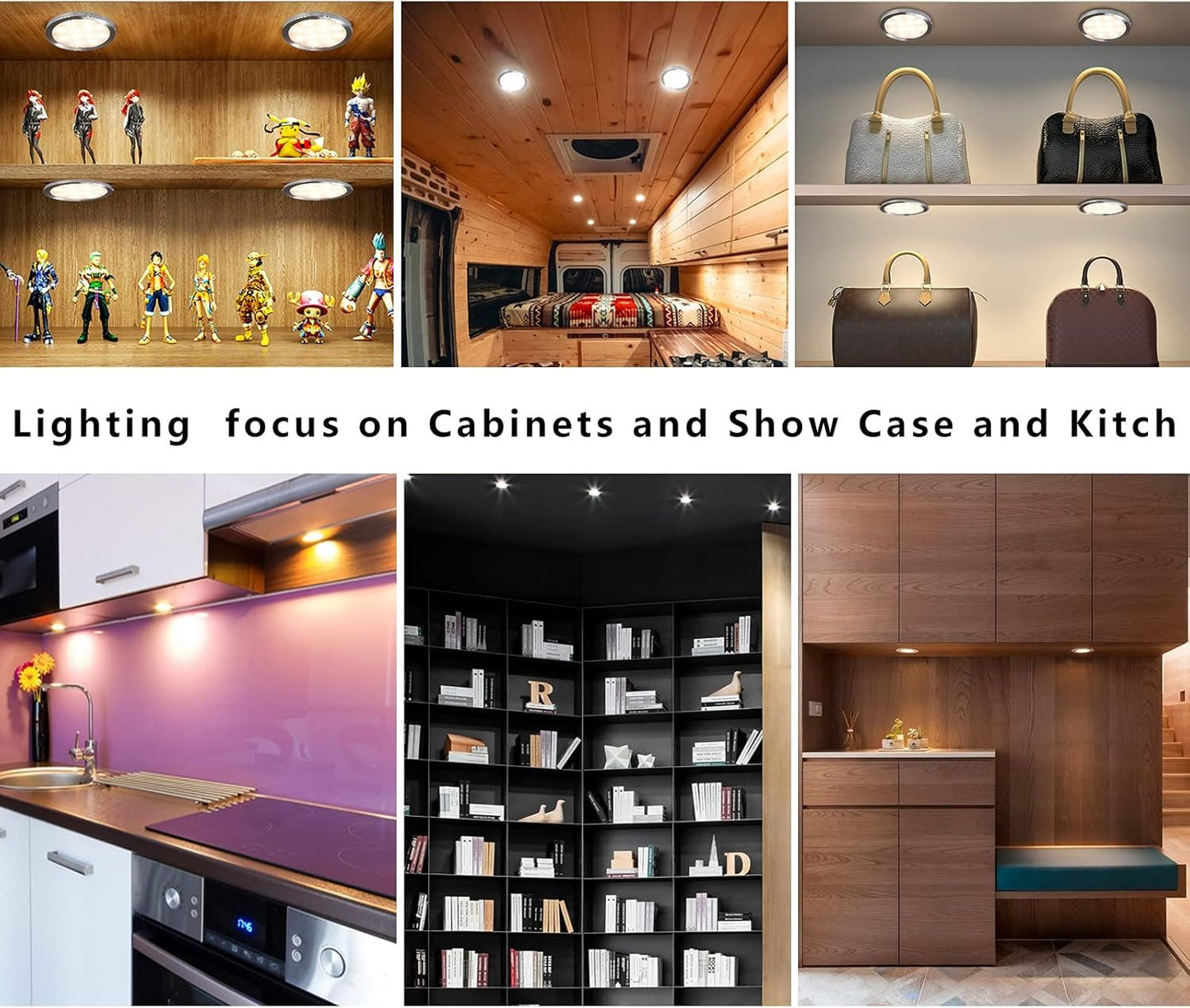 Puck Lights 6 Packs Bluetooth APP Smart Control Dimmable Tact Switch Under Cabinet Light Cabinet Lighting Cabinet Lights DC 12V Adaptor (Warm White, APP 6Pack)