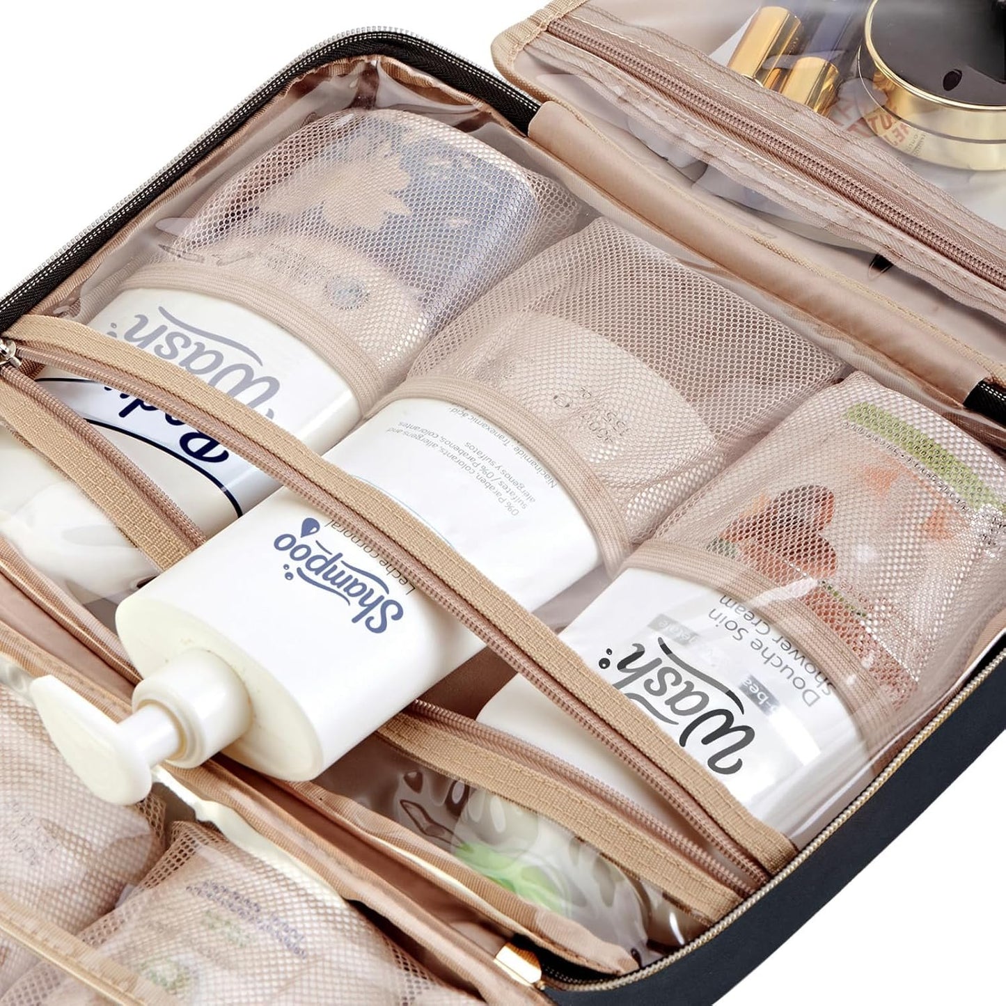NISHEL Travel Toiletry Bag for Women, Portable Hanging Organizer for Full-Sized Shampoo, Conditioner, Brushes Set, Travel-Size Accessories