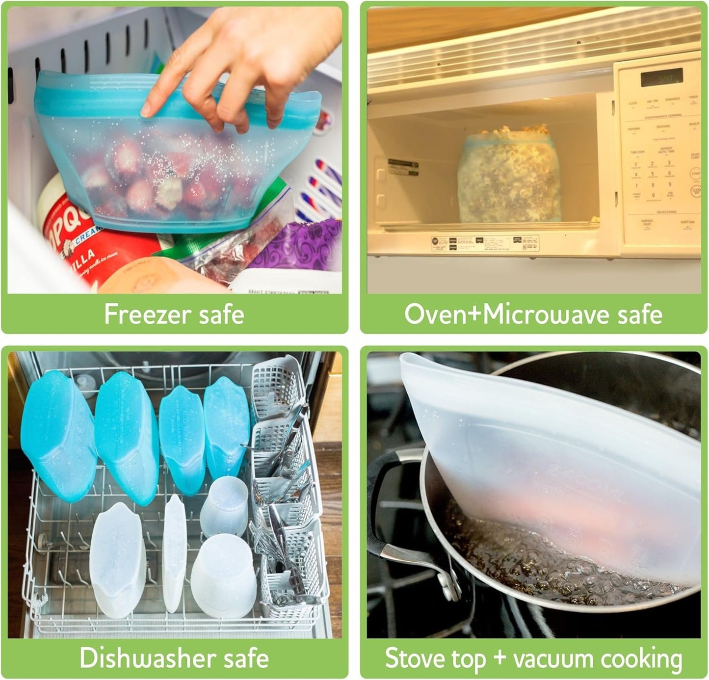 Zip Standing Reusable Silicone Food Storage Bag, Set of 6 White Stand Up Food Storage Container, Reusable Zipper seal bag, no lid required, for Food Storage& Meal Prep, Freezer Oven Dishwasher - Safe