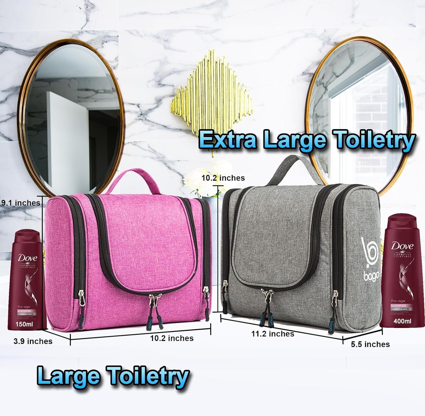 Bago Hanging Toiletry Bag for Women & Men - Leak Proof Travel Bags for Toiletries with Hanging Hook & Inner Organization to Keep Items from Moving - Pack Like a PRO (Snow Black)