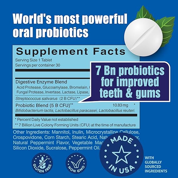 Oral Probiotics for Mouth Bad Breath 7 Billion CFU - Chewable Dental Probiotics for Teeth & Gums, Fresh Breath Freshener & Dry Mouth Relief, Supports Oral Microbiome