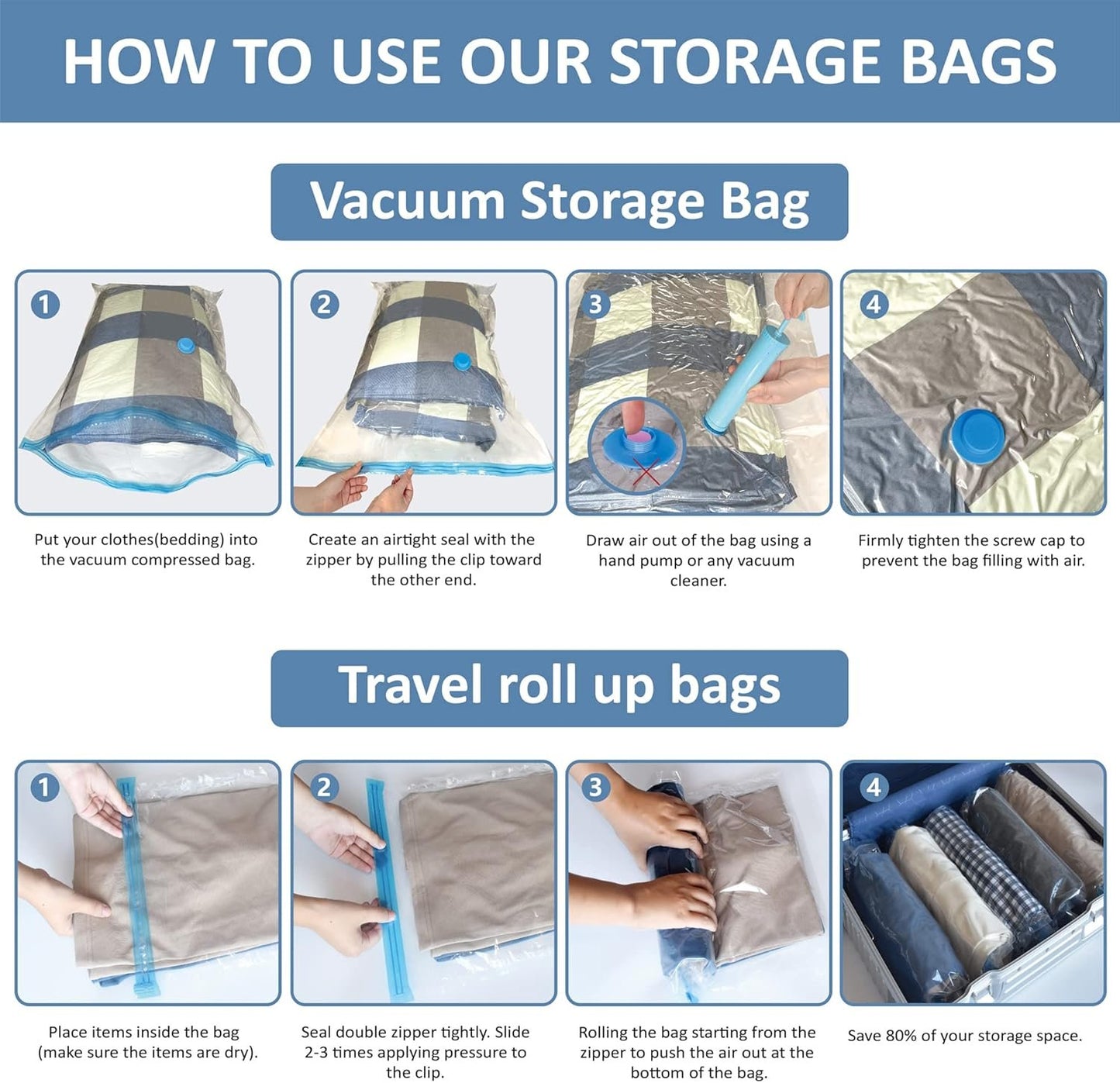 12 Pack Vacuum Storage Bags, Space Saver Bags (2 Jumbo/2 Large/2 Medium/2 Small/4 Roll) Compression Storage Bags for Comforters and Blankets, Vacuum Sealer Bags for Clothes Storage, Hand Pump Included