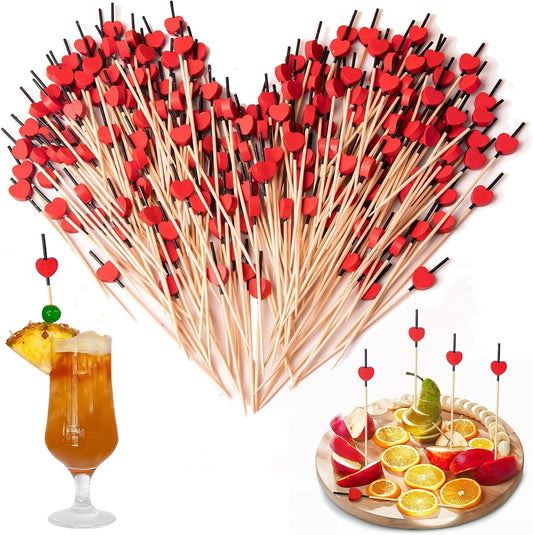 200 Pcs Cocktail Picks, 4.7 Inch Toothpicks for Appetizers, Cocktail Sticks Skewers for Drinks, Desserts, Charcuterie, Wedding Party Fancy Toothpicks, Red Heart Shape Mini Food Picks Decorative