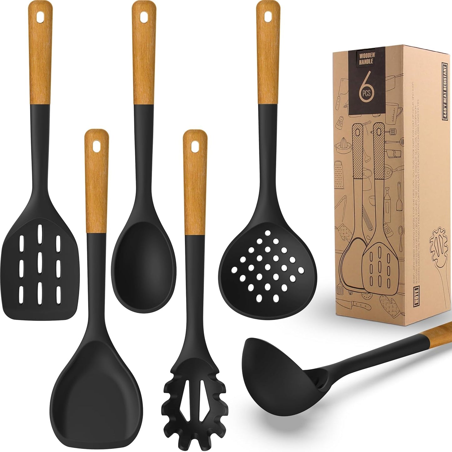 Silicone Cooking Utensils - Kitchen Utensil Set with Holder,Slotted/Solid Spoon,Turner,Spatula,Pasta Server,Deep Soup Ladle,Wooden Handles Kitchen Gadgets Tools Set,Non-Stick Cookware Friendly (Grey)