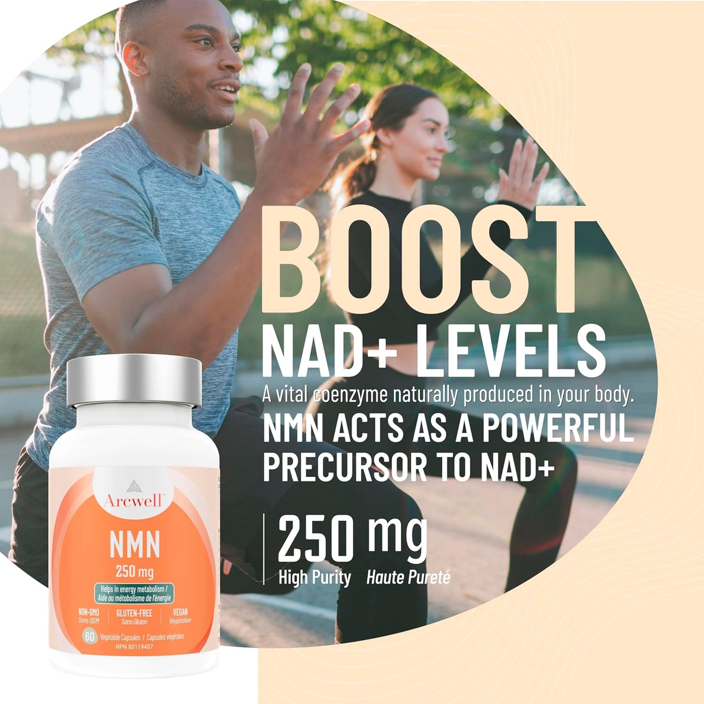 Arcwell NMN (Nicotinamide Mononucleotide) 250 mg per Capsule | NAD+ Boost Supplement for Healthy Aging & Energy Production | High Purity 99.8% | Made in Canada (60 day supply)