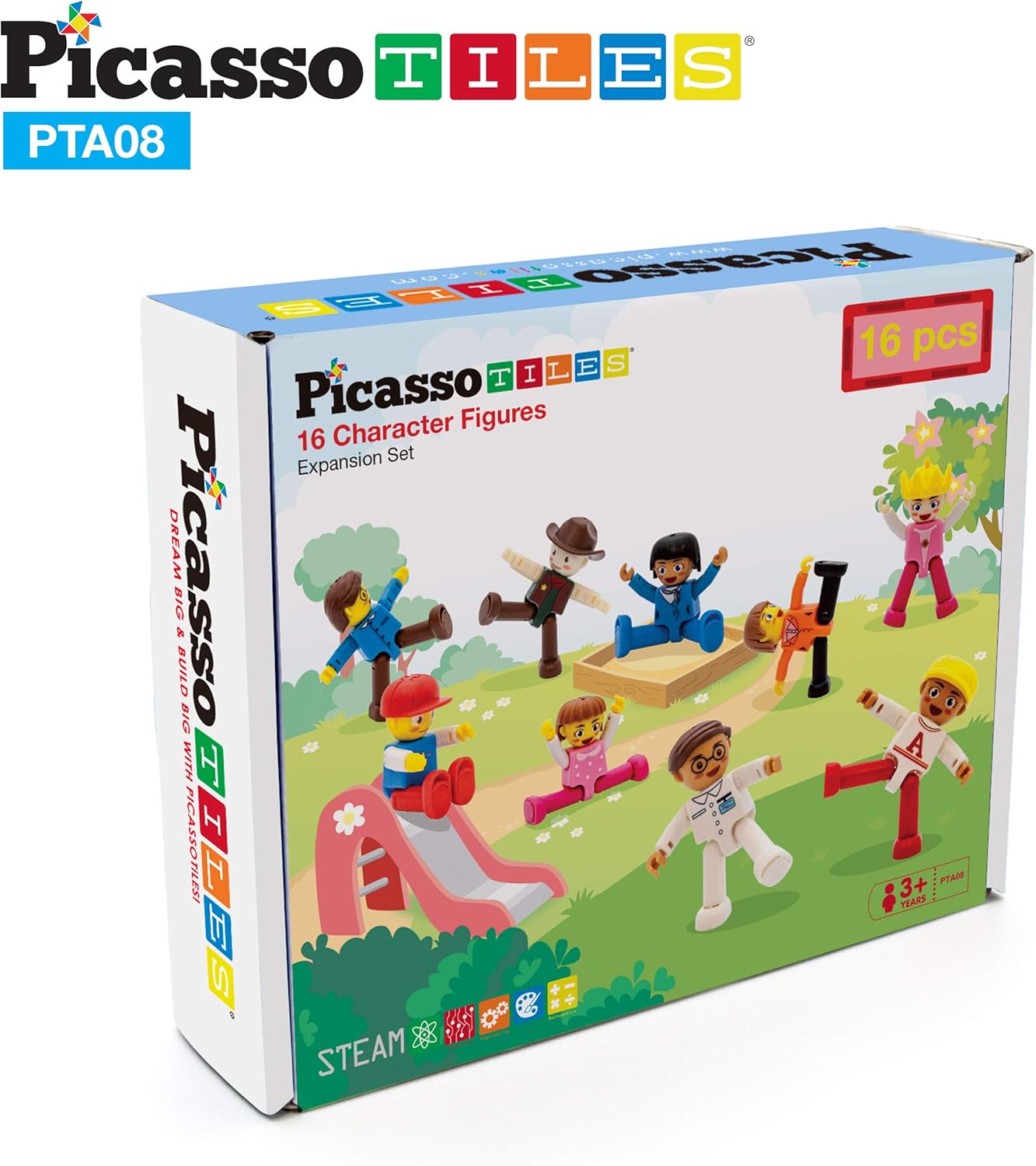 PicassoTiles 16 Piece Character Action Figures Toddler Toy Set Expansion Variety Pack Magnet Education Construction Blocks STEM Learning Kit Pretend Play Toys for Magnetic Building Block Tiles PTA08