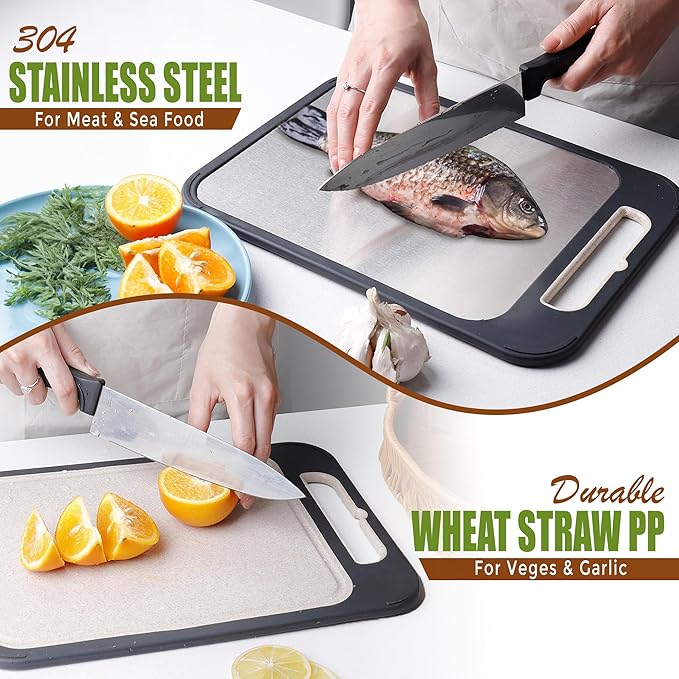 Double-Sided Cutting Board - Stainless Steel Cutting Board - Wheat Straw for Kitchen, for Meat, Veggies & Fruits – Metal Chopping Board with Easy Grip Handle, Dishwasher Safe (1, Large)