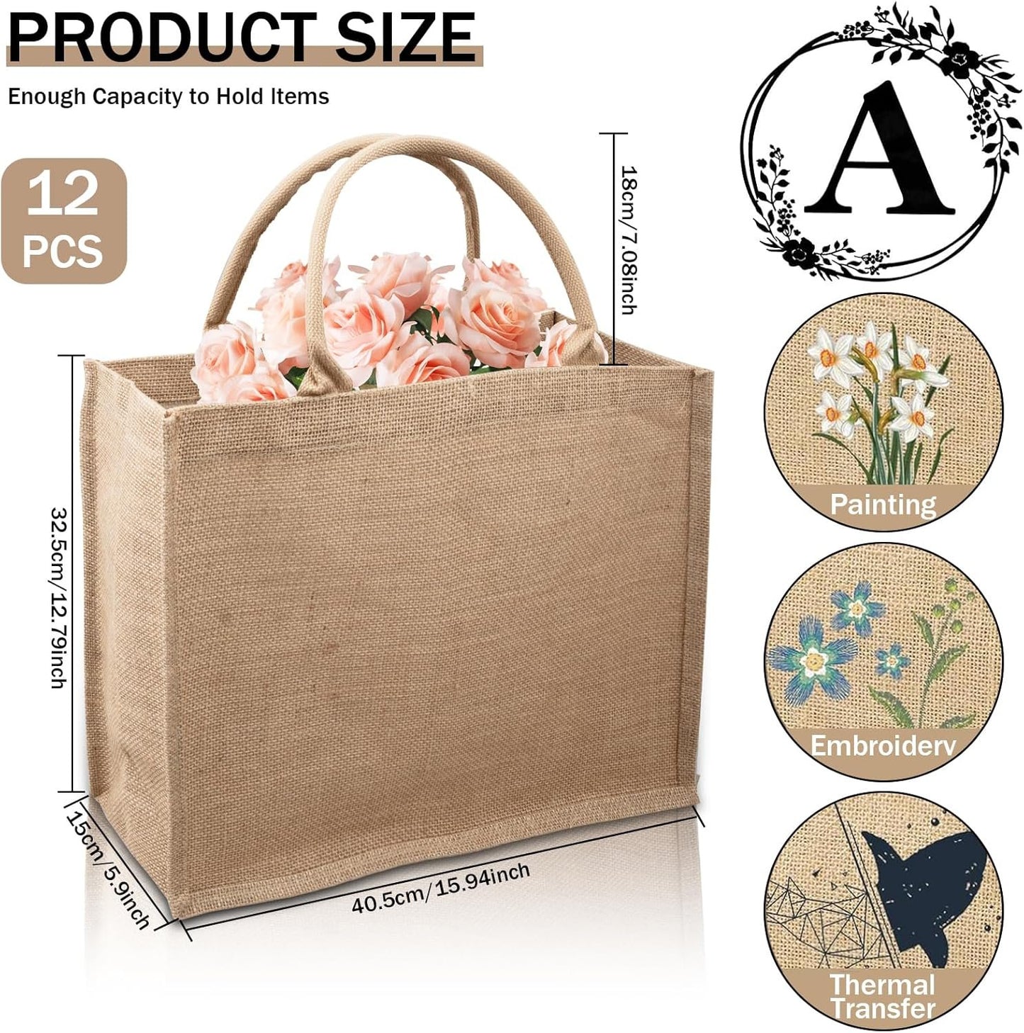 12 Pack Burlap Tote Bag, Reusable Jute Bags with Handles, Large Jute Shopping Canvas Bags Burlap Gift Bags Bulk Kitchen Reusable Grocery Bags for Women Wedding DIY Art Crafts, 16 x 12 x 7.8 inch