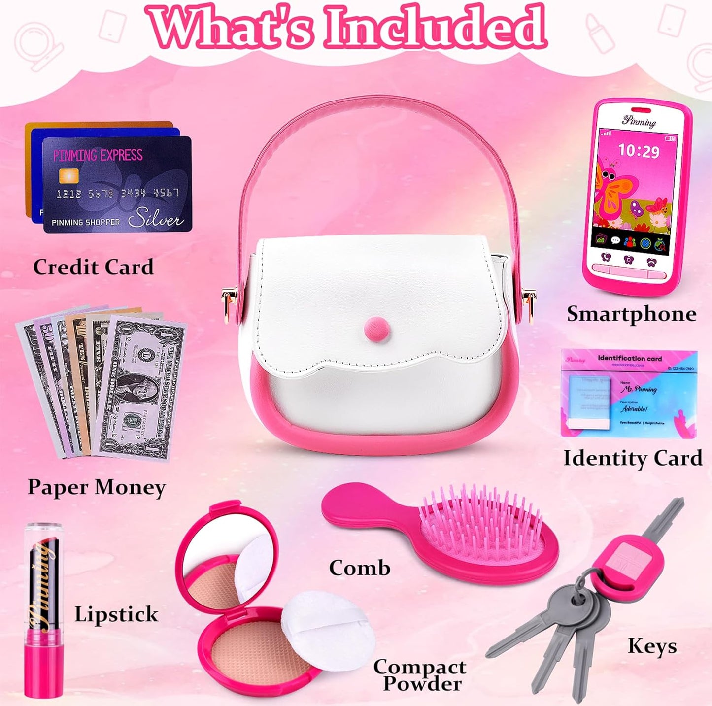 GJZZ Play Purse for Little Girls - Toddler Purse Set Pretend Play Makeup Toys, Kids Toy Purse Birthday Gifts for Girls Ages 3-5, 4-5, 6-8 Years Old, ABB-02, Pink