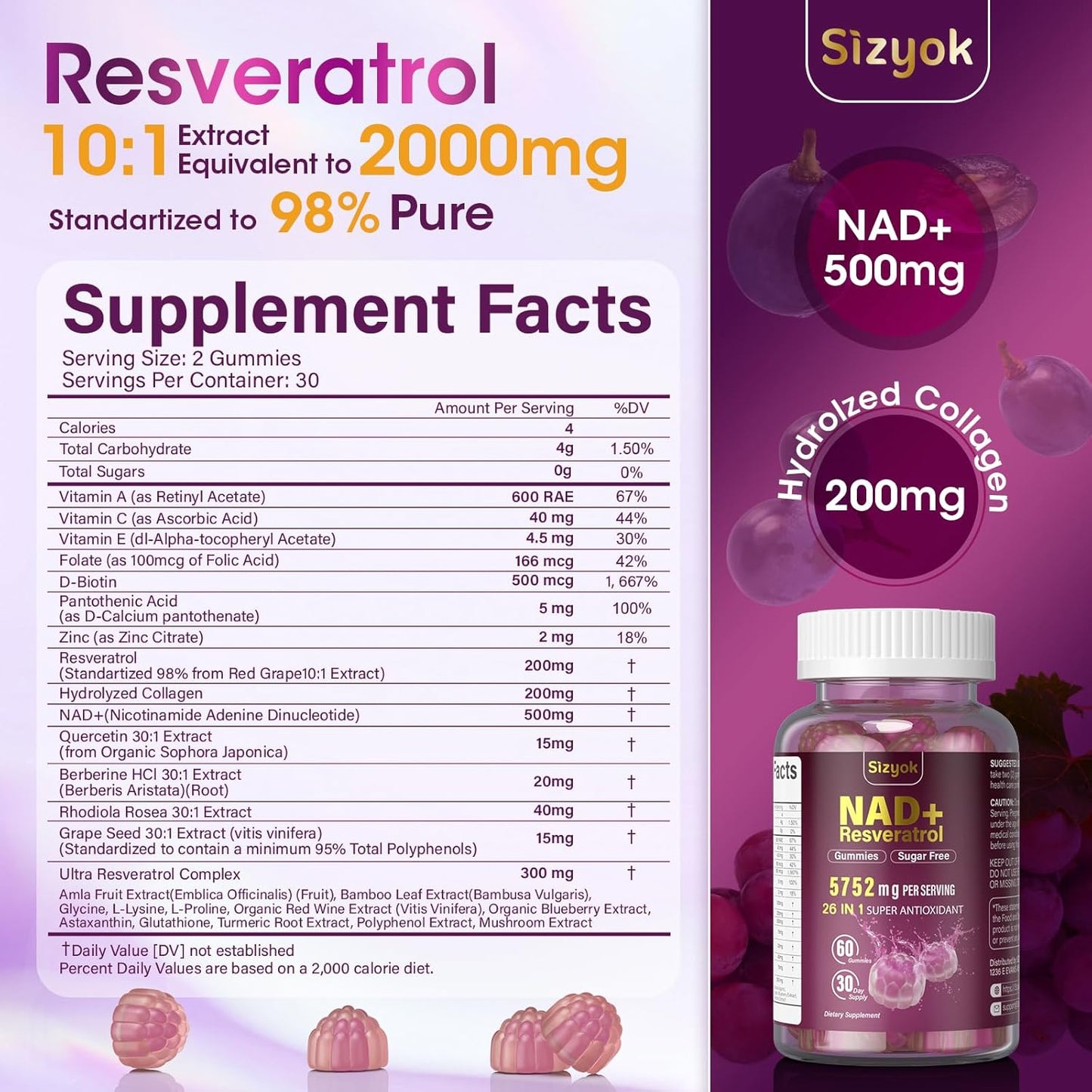 NAD Resveratrol Gummies - NAD Supplements for Women with Hydrolyzed Collagen, Grape Seed, D-Biotin Support Antioxidant, Anti-Aging, Skin, Joint, Brain Wellness, Sugar Free 60 Gummies,90