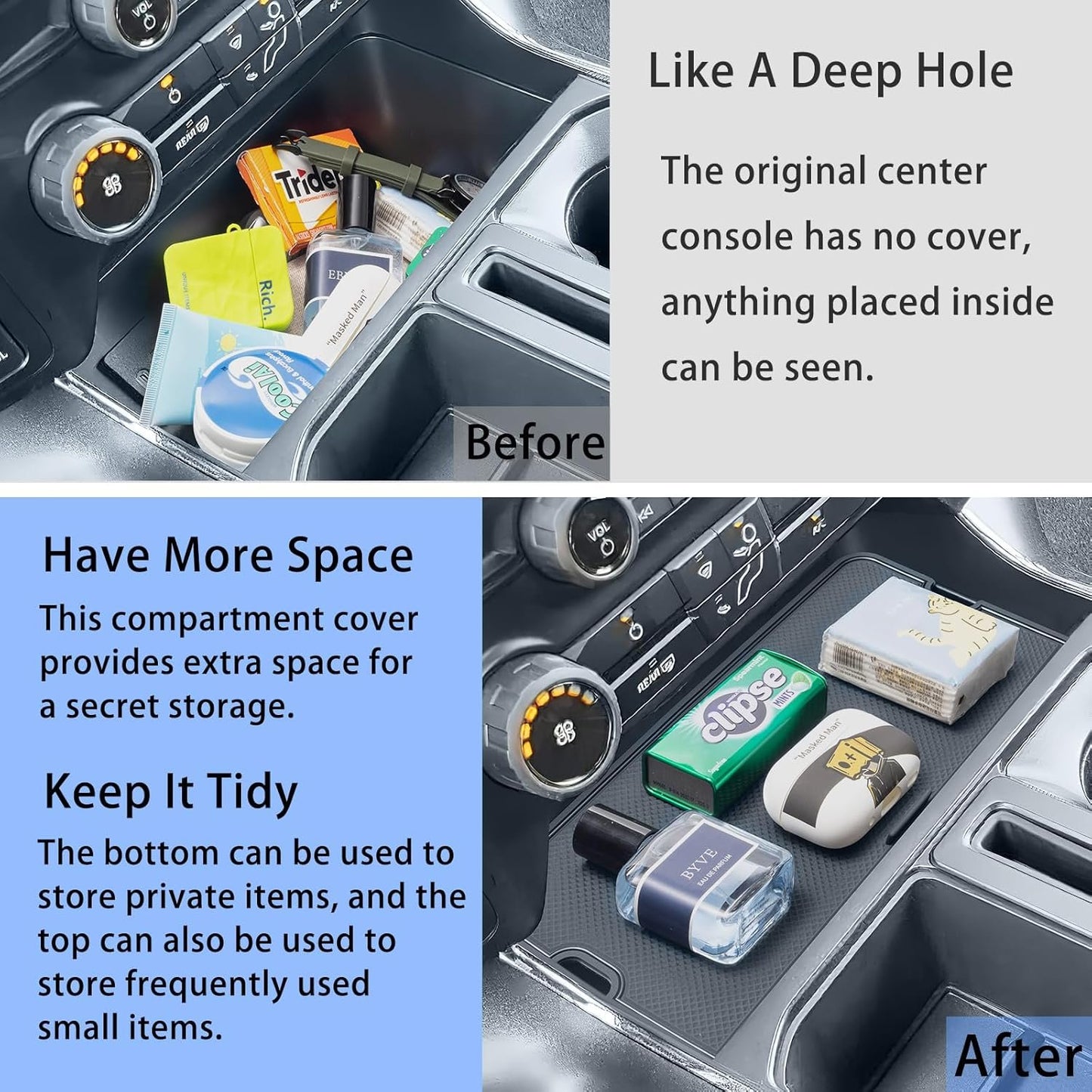 Center Console Compartment Cover for Ford F150 Accessories 2021-2024 2025/Lightning XLT 2022-2024 Interior Hidden Panel Secret Pocket Lid USB Hole (Fits into The Open Pocket in Front of The Shifter)
