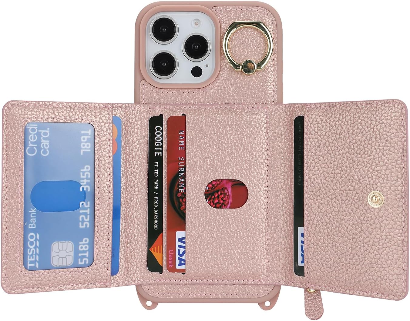 Cavor Crossbody Wallet for iPhone 16 Pro Max Leather Case for iPhone16pro Max Case 6.9'' Flip Cover Card Slots with 360°Rotation Ring Holder Kickstand & Long Shoulder Lanyard Strap-Rose