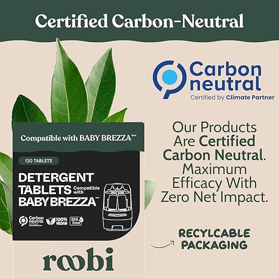 Roobi Detergent Tablets Compatible with Baby Brezza Bottle Washer Pro. Removes Milk Residue & Odor, Hypoallergenic Carbon Neutral Formula. 120 Count.