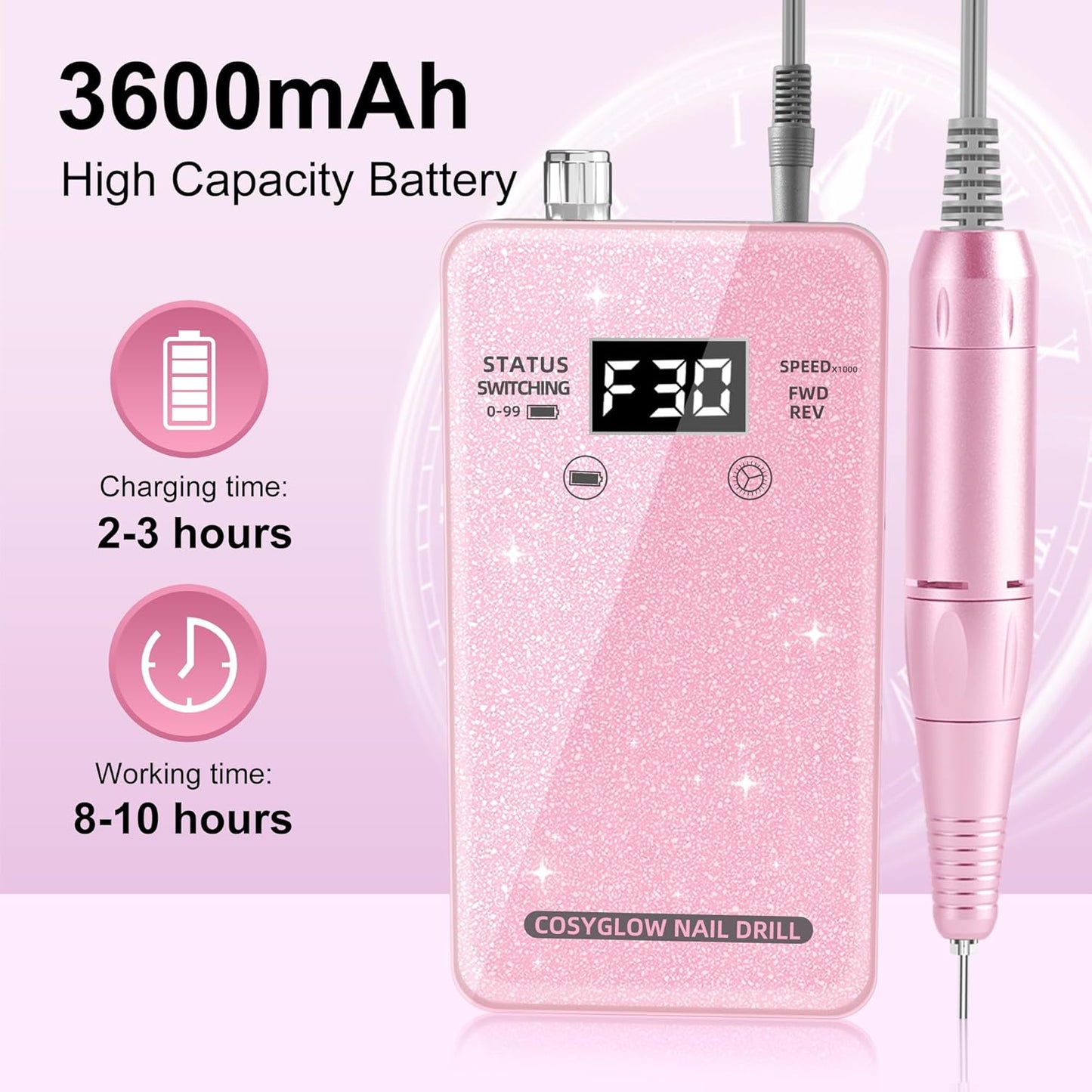 Professional Electric Nail Drill File:COSYGLOW Glitter Portable Cordless E-File Nail Drill Kit with 11 Drill Bits,30000 RPM Rechargeable Nail Drills Machine for Acrylic Nails Gel Polishing(Pink)