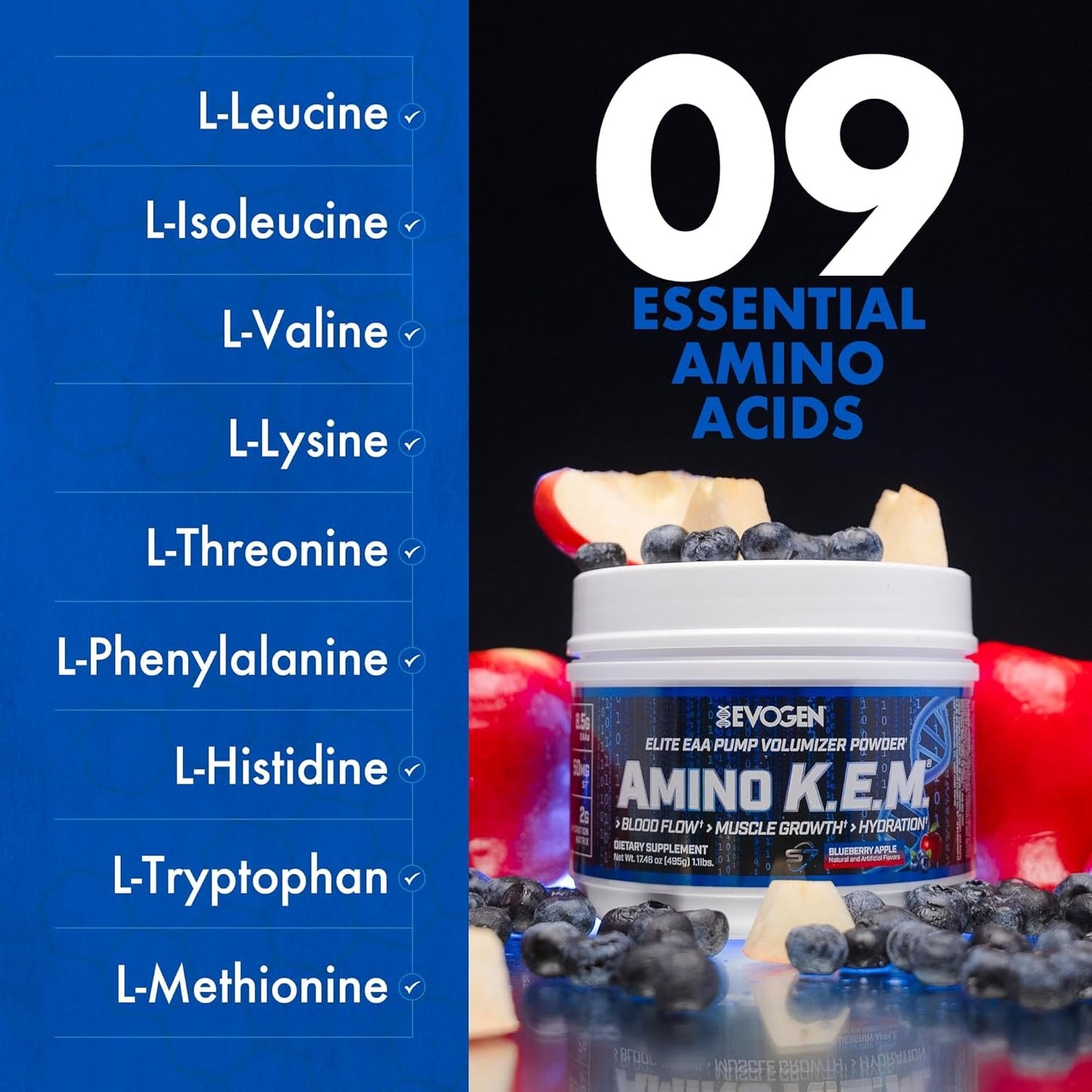 Evogen Amino KEM - Elite EAA Pump Volumizer | Supports Blood Flow, Muscle Growth, Hydration | Full Spectrum EAAs & BCAAs, S7 Nitric Oxide Blend | Blueberry Apple | 30 Servings