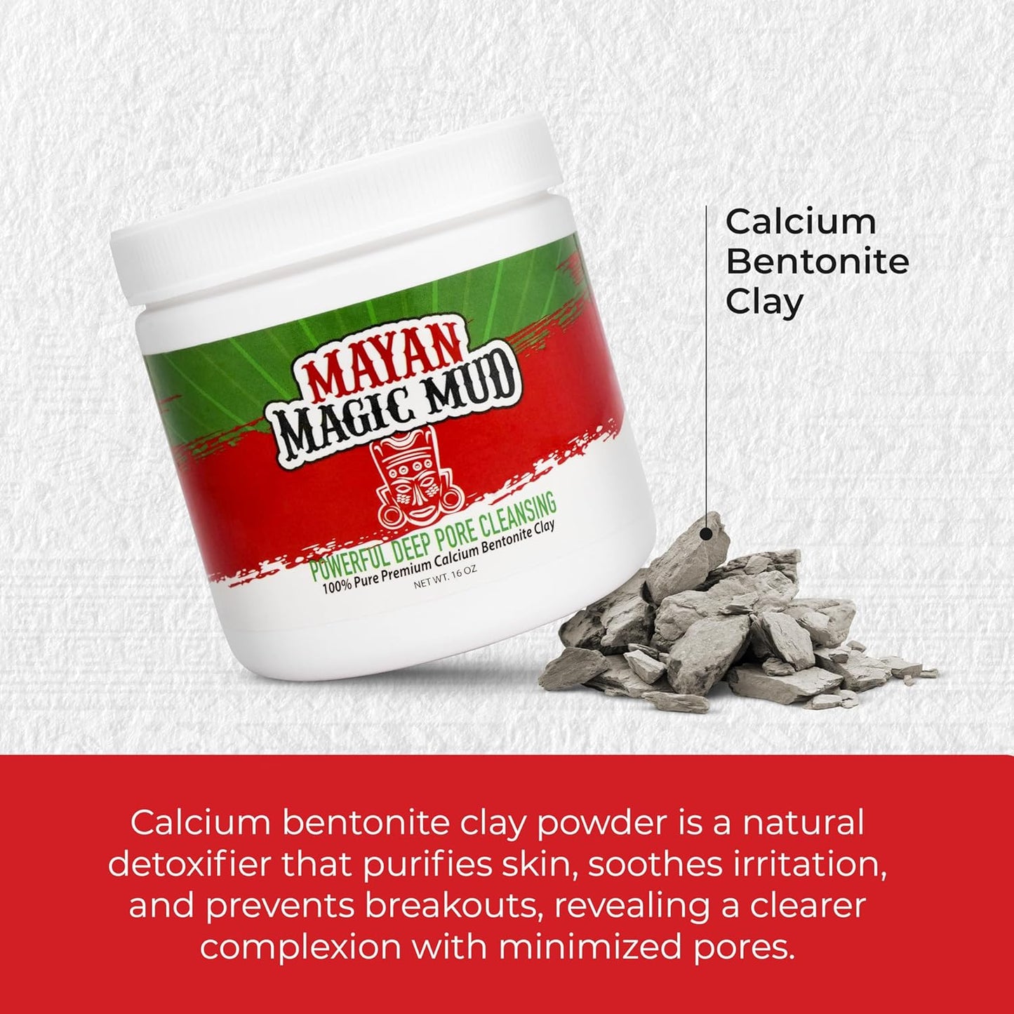 Mayan Magic Mud Powerful Deep Pore Cleansing Facial and Body Mask, 100% Pure Premium Calcium Bentonite Clay, Treats Acne Breakouts, Blackheads and Oily Skin, 453 g