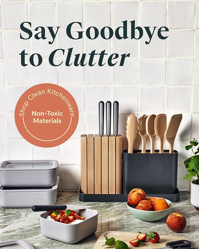 Caraway 14-Piece Kitchen Prep Set - Kitchen Knife Set & Wooden Utensil Set - Made With Premium German Steel Blades & FSC-Certified Birch Wood - Non-Toxic Materials - Includes Organizer - Mist