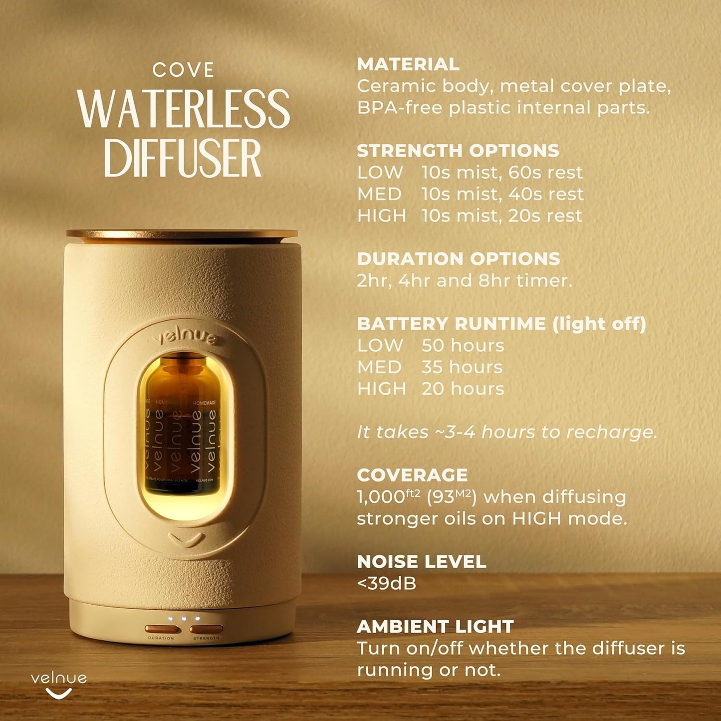 Waterless Nebulizing Essential Oil Diffuser - Battery Operated & Portable | Cordless Diffuser for Large Room Aromatherapy | Wireless Nebulizer & USB Rechargeable | Model: Cove (Ceramic Cream)