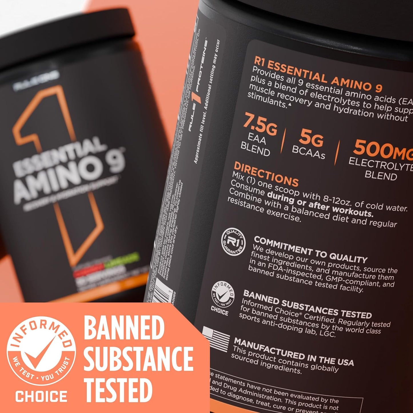 Rule1 R1 Essential Amino 9 Recovery & Hydration Support Supplement 345 g, Rainbow Candy (30 Servings)