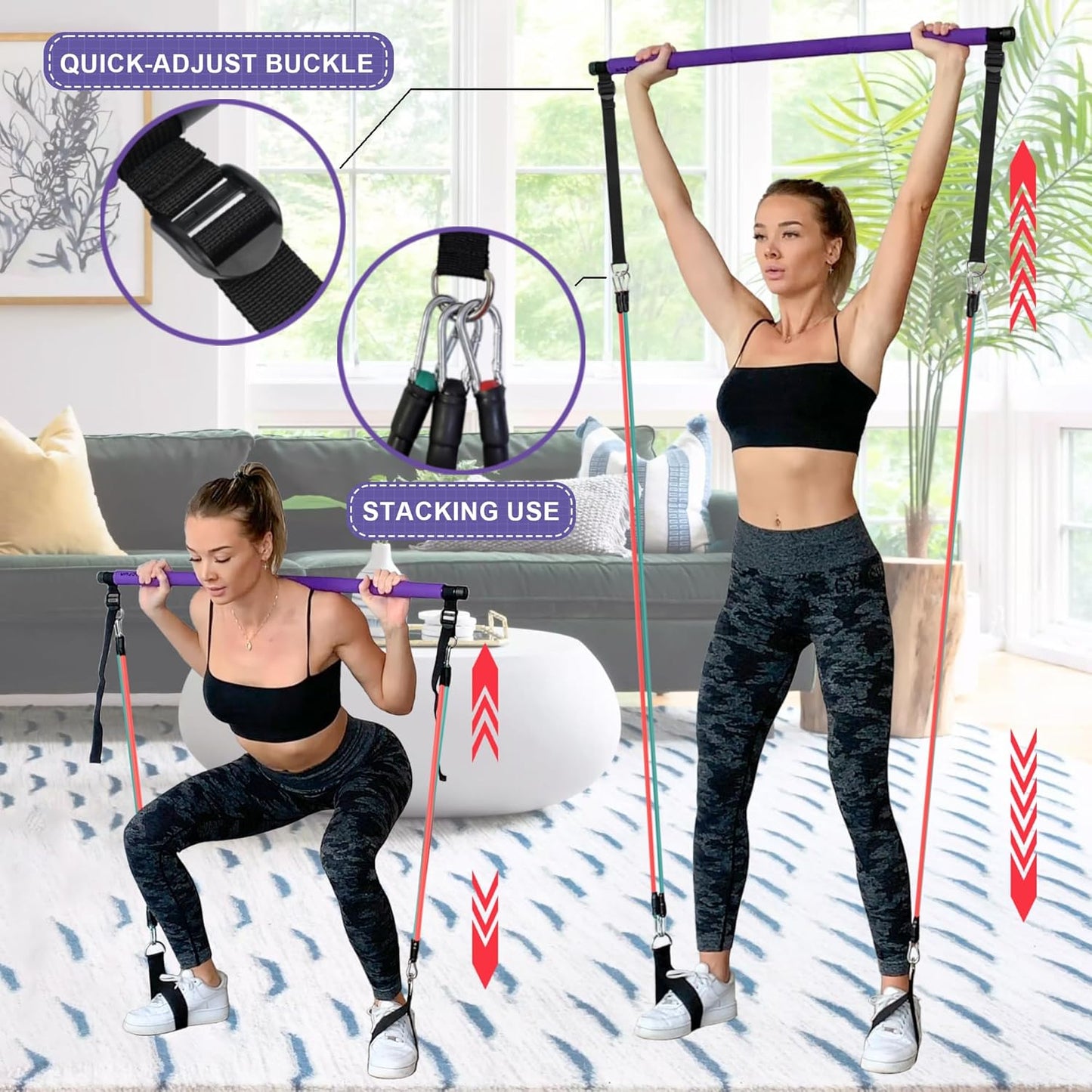 Goocrun Portable Pilates Bar Kit with Resistance Bands - 3 Set Exercise Bands - Home Gym, Workout Kit for Body Toning – with Fitness Poster and Video