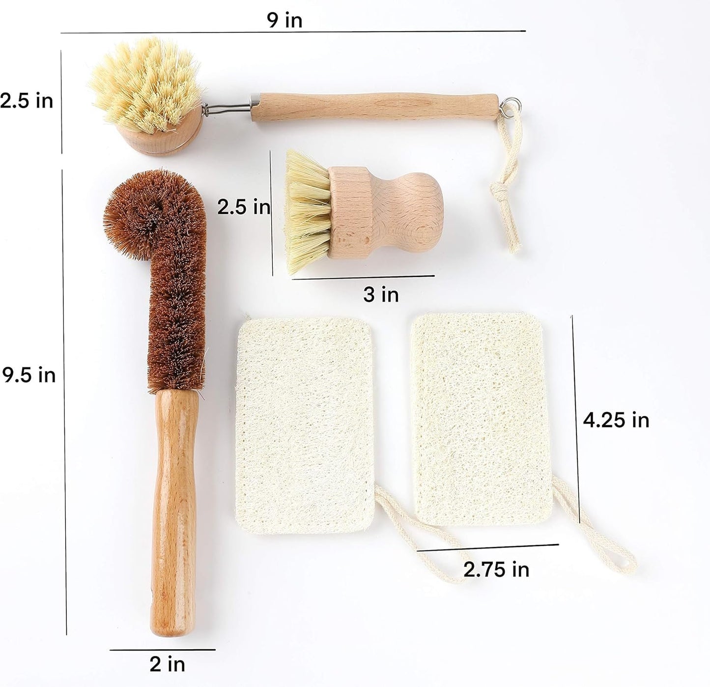TXV Mart Eco-Friendly Natural Wooden Kitchen Cleaning Brush Set, 5 Piece, Wooden Dish Cleaning Brush Set, Loofah Dish Sponges, Dish and Bottle Scrubber Brushes